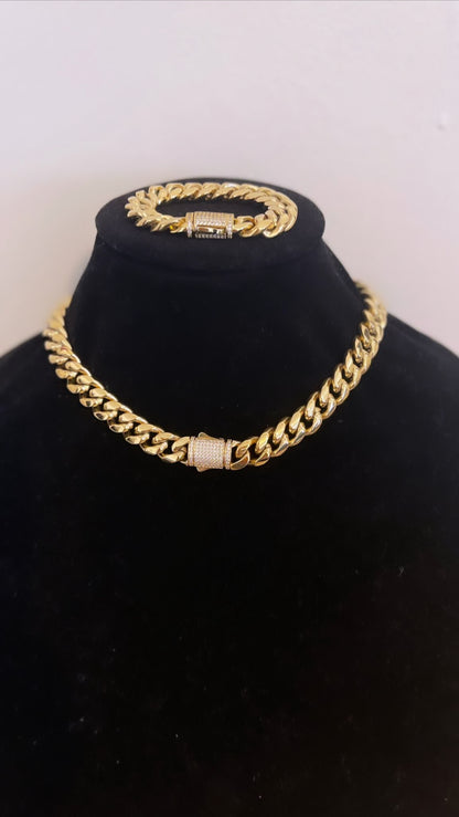 WOMAN set 2 pcs. 14k on stainless steel with zirconias ~Cuban choker and bracelet~ BEST QUALITY