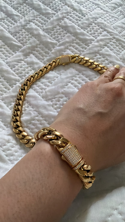 WOMAN set 2 pcs. 14k on stainless steel with zirconias ~Cuban choker and bracelet~ BEST QUALITY