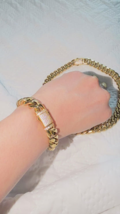 WOMAN set 2 pcs. 14k on stainless steel with zirconias ~Cuban choker and bracelet~ BEST QUALITY